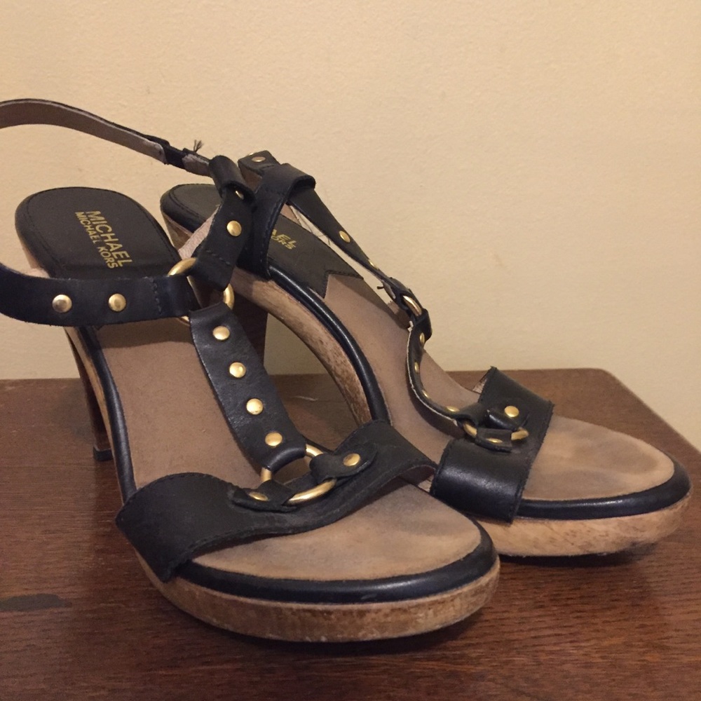 Michael Kors wooden/ leather t strap heels